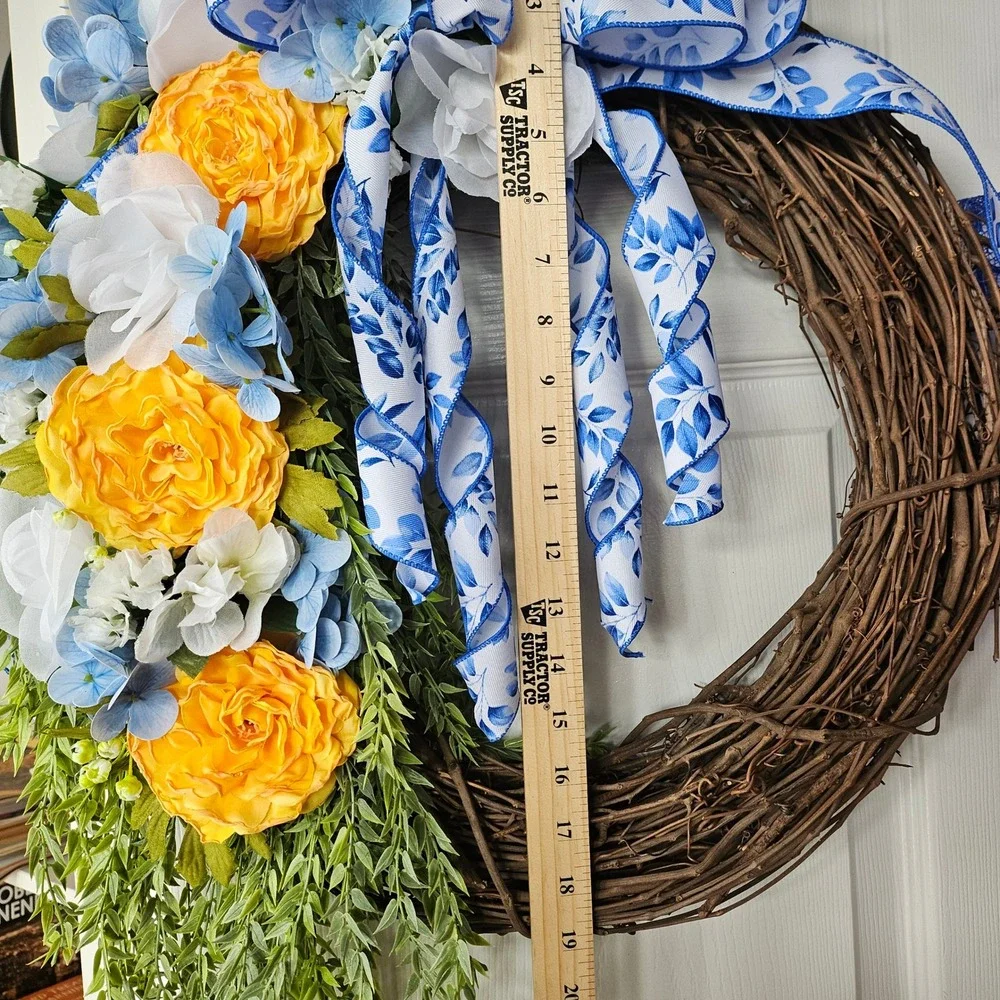 Hand Crafted Floral Grapevine Wreath 16 inch Yellow Ranunculus Blue Hydrangea